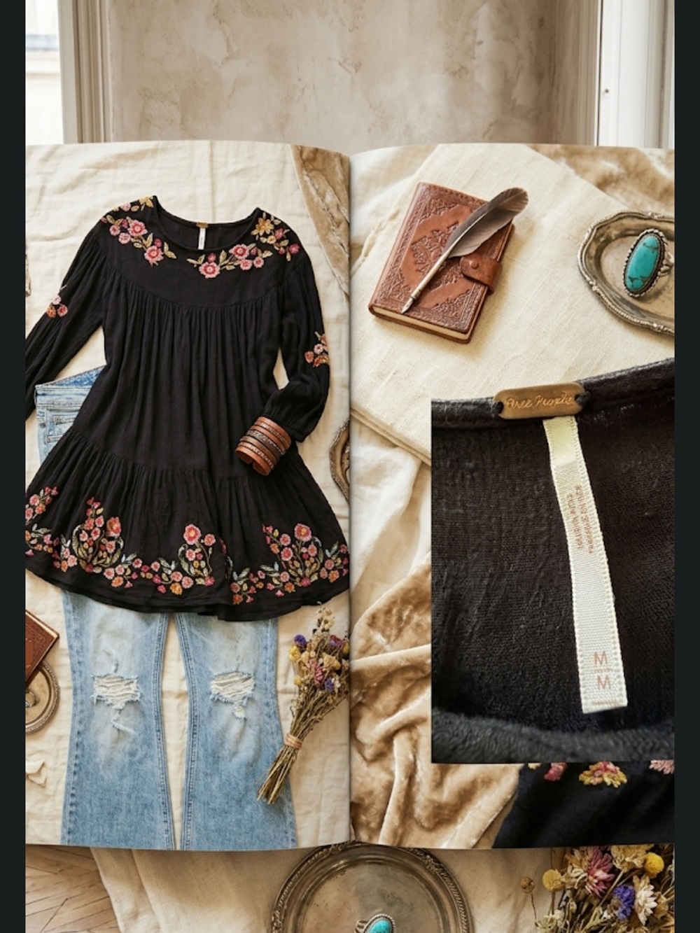 Free People Black Floral Embroidered Peasant Tunic